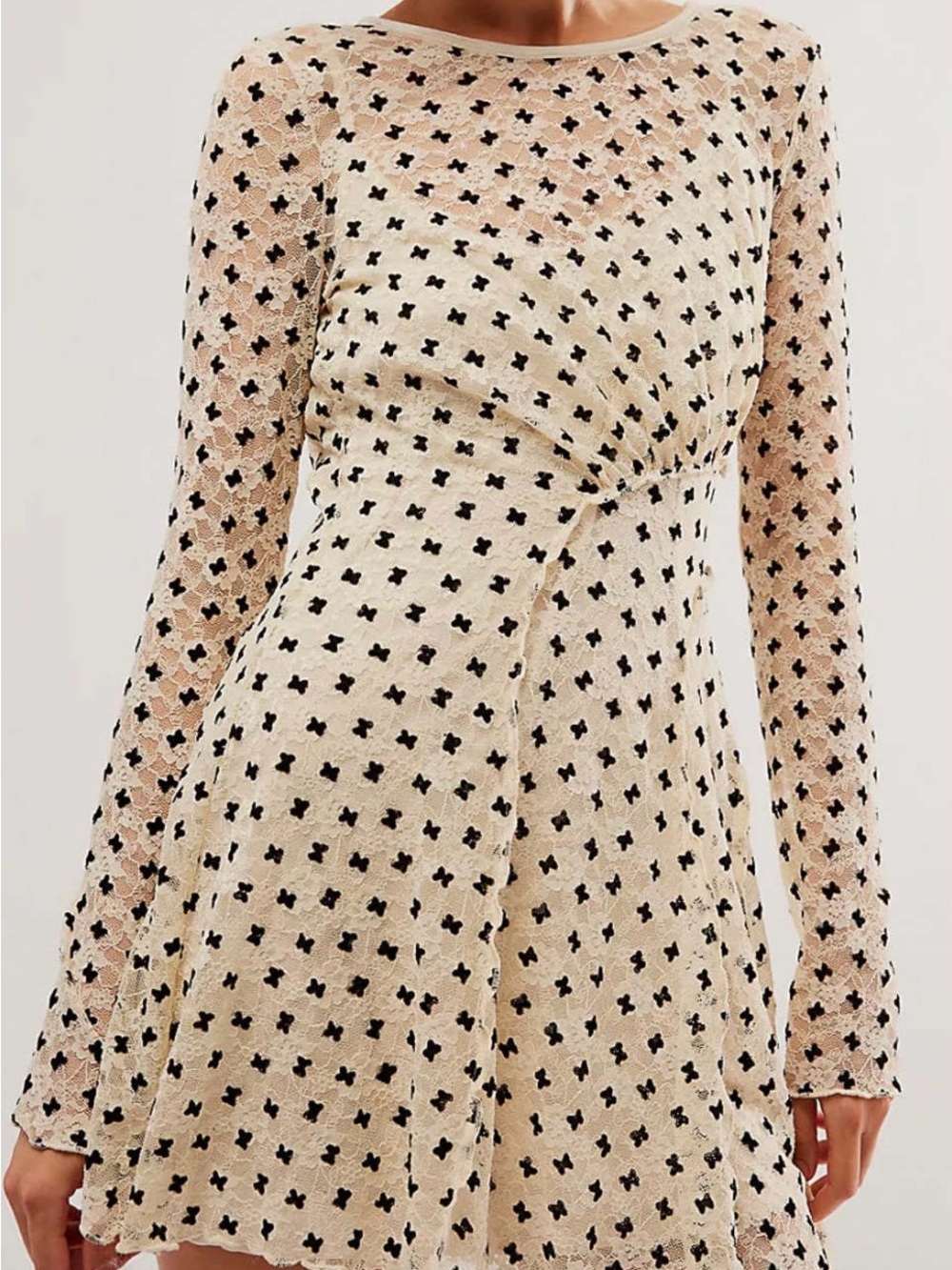 Free People Cream Lace Long-Sleeve Backless Mini Dress with Black Dot Motif